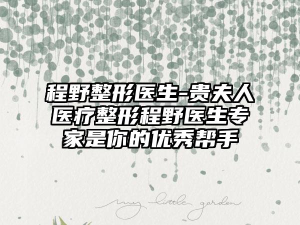 程野整形医生-贵夫人医疗整形程野医生专家是你的优秀帮手